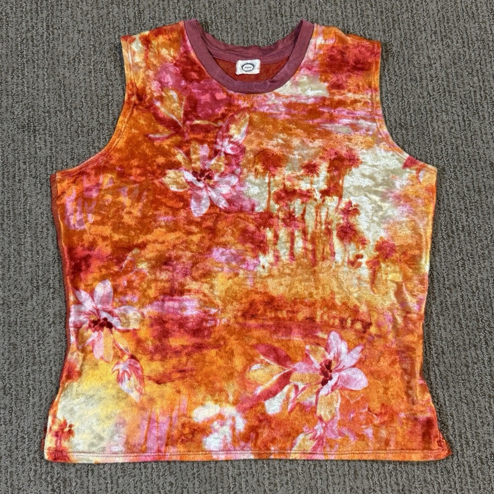Jacques Womens M Velour Sleeveless Tank Crop Top Beach Palm Tree Hippie Retro